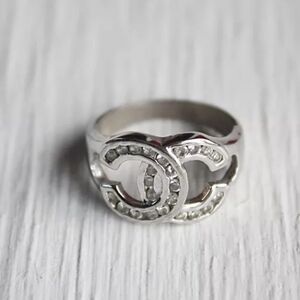 CHANEL Silver Ring with Crystal Details